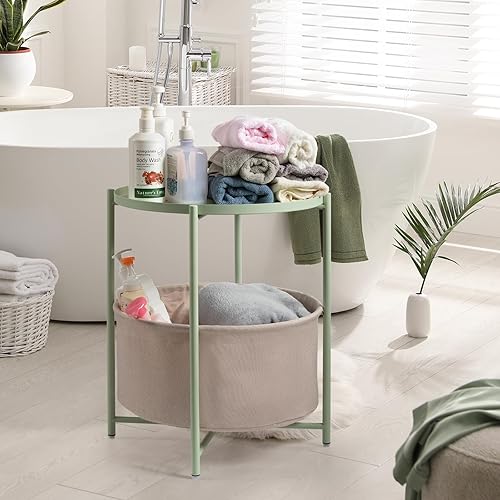 Miniatura 30 de danpinera Mesa auxiliar redonda con cesta de almacenamiento de tela, mesita de noche pequeña de metal con bandeja extraíble para sala de estar,