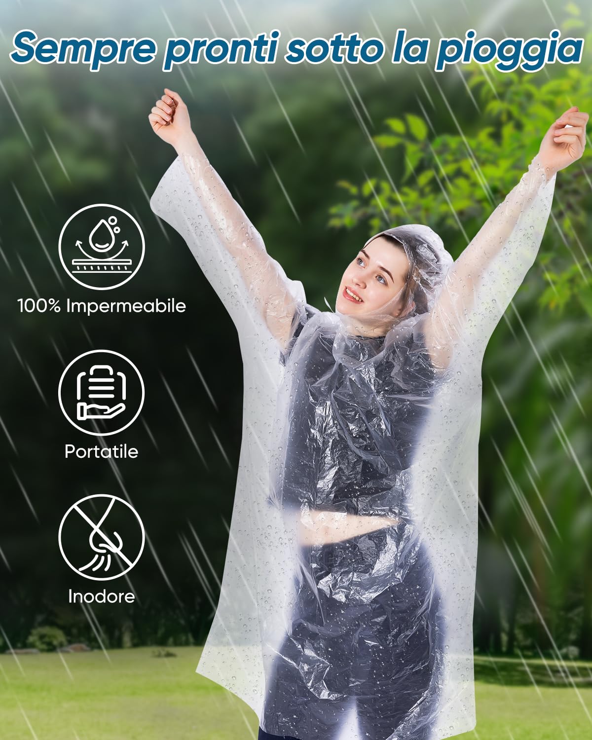 50/100 pezzi poncho antipioggia impermeabili usa e getta con cappuccio per uomo e donna, leggeri e compatti per campeggio e viaggio