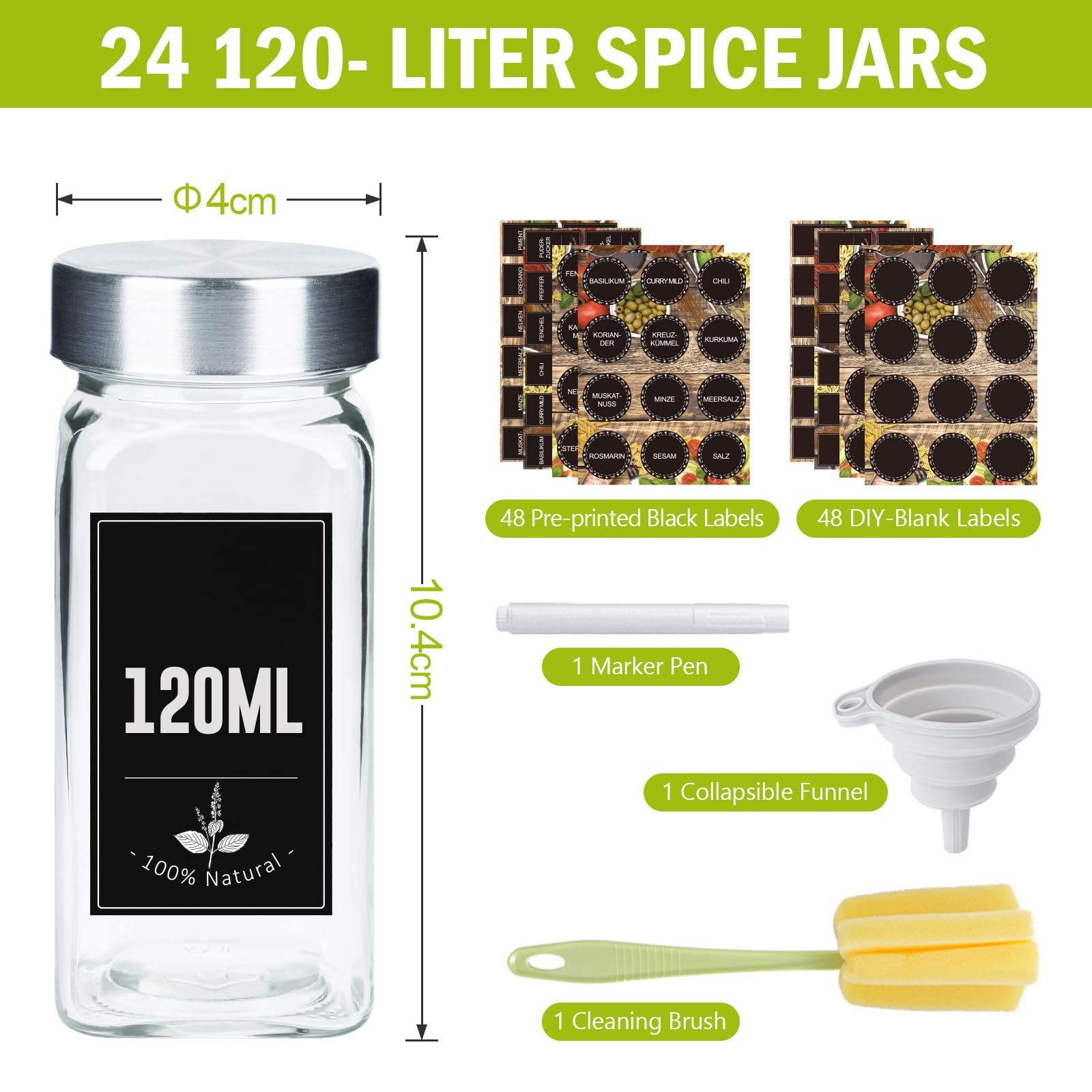 Ferghana 24Pcs Botes Especias Cristal，120ml Tarro de Especias Cuadrado con Tapas de Aceros Inoxidables，Set de Botes Spice Jars，Frascos Especiarias con Tamiz, Etiquetas, Embudo，Cepillo Limpieza