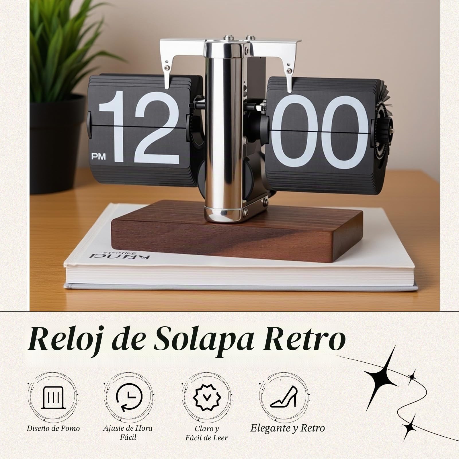 Gugxiom Reloj Digital abatible Retro automático Que Funciona con Pilas, Ideal para Decorar el hogar, la Oficina o Cualquier Estancia. (Negro Acero Inoxidable)