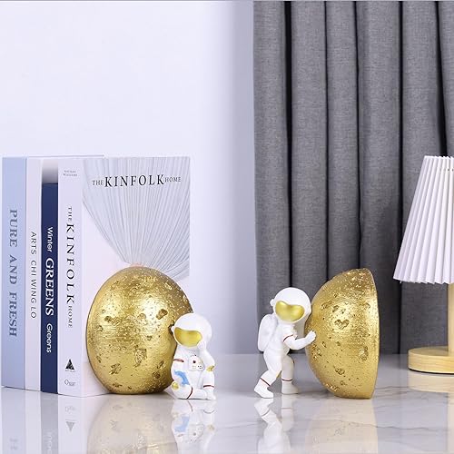 Miniatura 4 de Juego de 2 sujetalibros dorados de astronauta, resistentes con base antideslizante, sujetalibros decorativos para habitaciones de niños, decoración