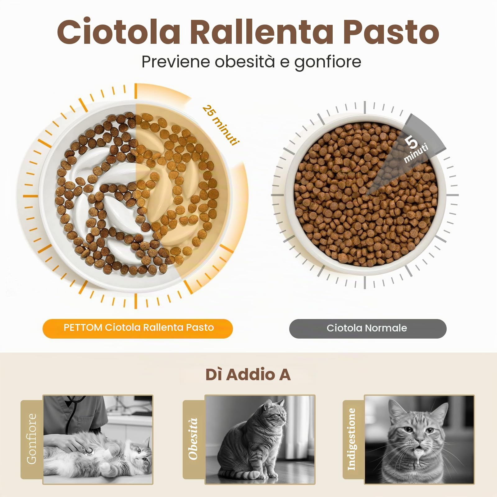 PETTOM Ciotola Anti Ingozzamento Gatto Rialzata, Ceramica Ciotola Gatto Anti Ingozzamento, Ciotole Alimentazione Lenta Gatti Cane Con Bordi Accentuati