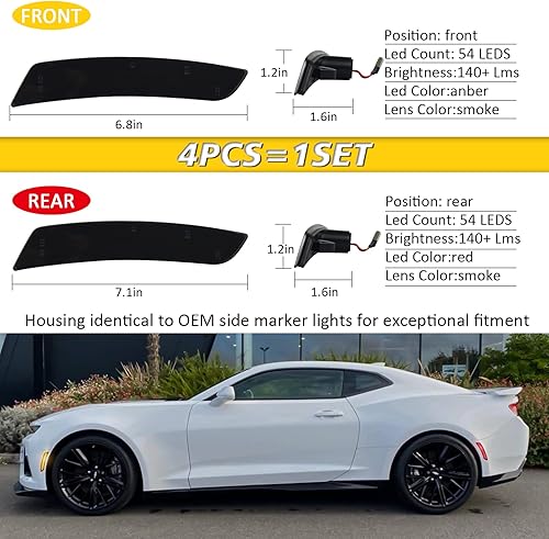 Miniatura 5 de Bestview - Luces de marcador lateral LED ahumadas para Chevy Camaro 2016 2017 2018 2019 2020 2021 2022 2023, 2014-up Cadillac CTS, 2015-up Cadillac