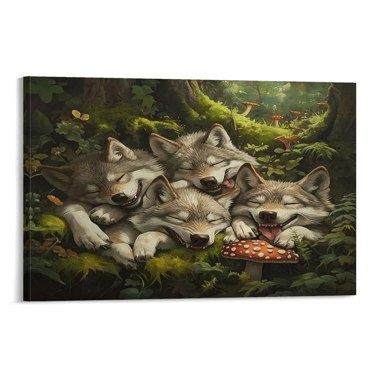 CPLVKWRQJ Snowy Wolf Family Sleeping Together Individual Sleepy Wolf Pups Pile Lush Green Forest Canvas Print - Office Wall Art Fade Resistant Statement Piece Ready to Hang 20x30inch(50x75cm)