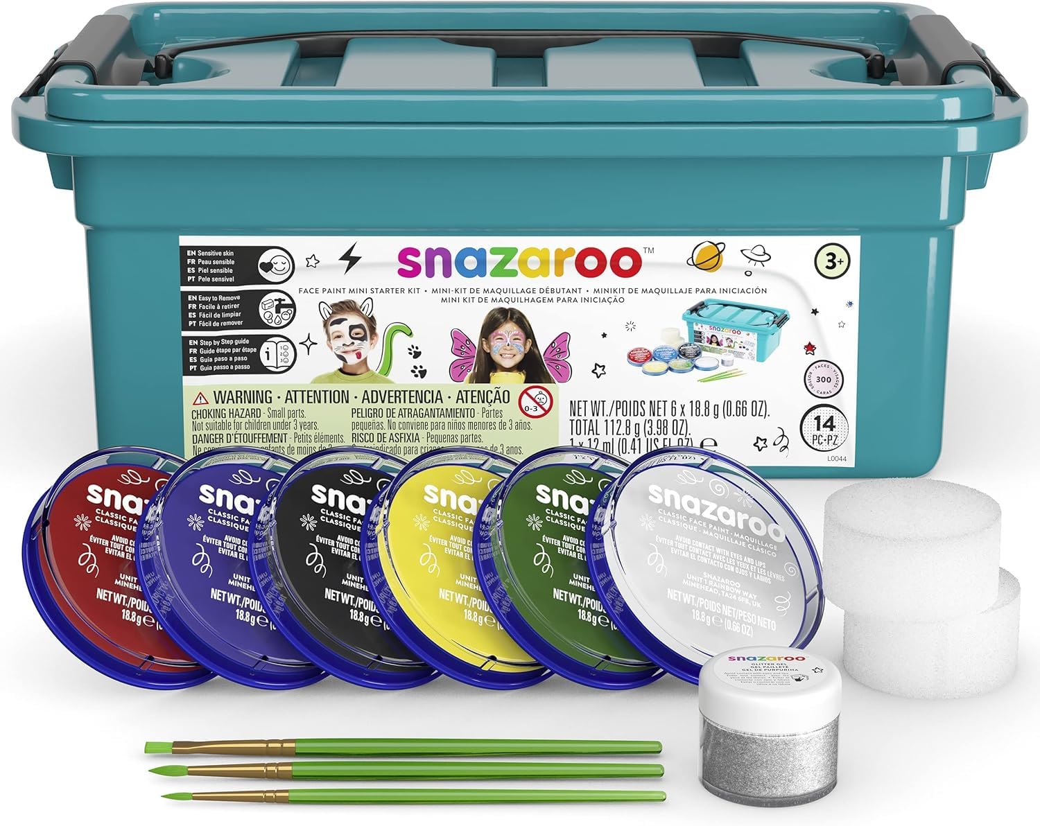 Snazaroo Face Paint Mini Starter Kit for Kids and Adults, 14 Pieces, 6 Colours, 1 Glitter Gel, Brushes, Sponges, Guide, Water Based, Easily Washable, Non-Toxic, Makeup, Body Painting
