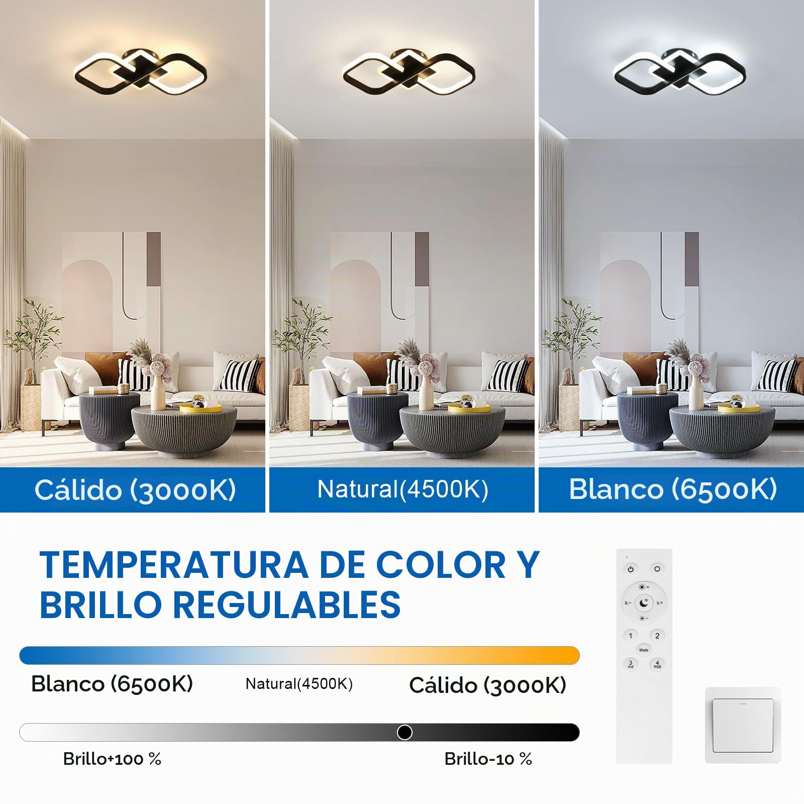 Lámpara de Techo LED Negro Regulable con Mando 3000K-6500K, 40.5CM | 40W 4500LM Plafon LED Techo Cuadrado con Mando 3000K-6500K, Luz de Techo Acrílico para Salon Dormitorio Comedor
