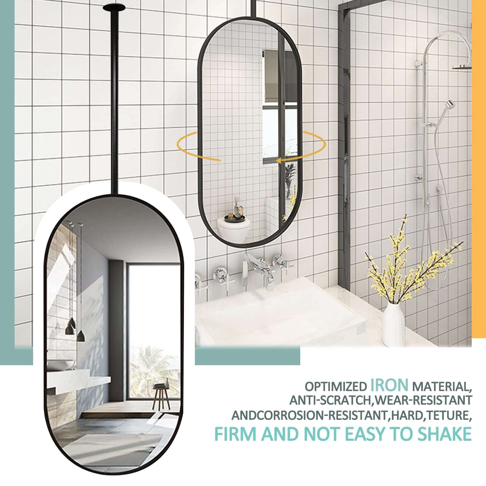 Specchi da Soffitto, Specchi per Cosmetici HD da Bagno, con Cornice in Metallo Nero e Braccio per Guardaroba, Camere da Letto, Comò e Decorazioni Moderne a Tema, Ovale (Dimensioni