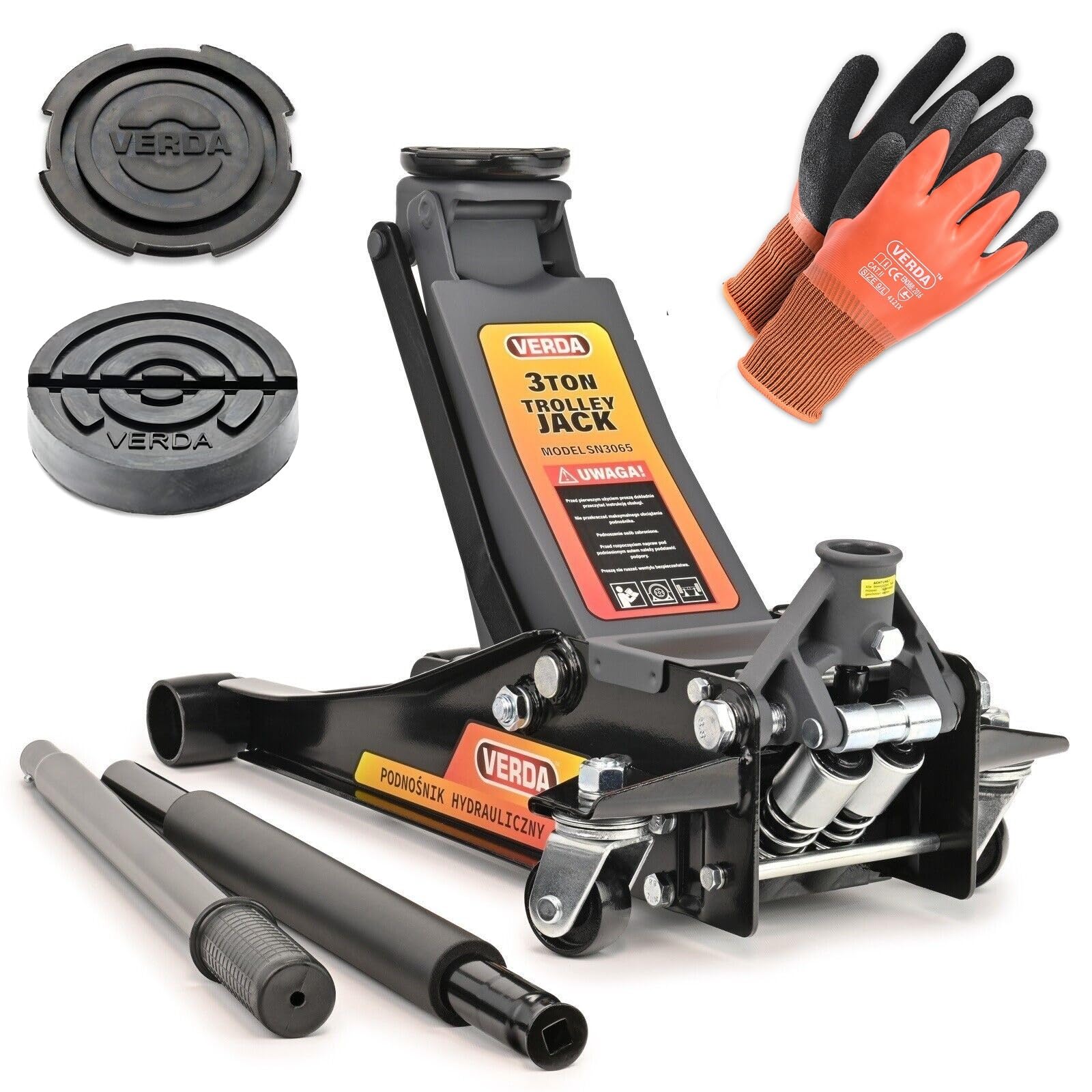 Wagenheber hydraulisch 3T 80-465mm + 2X Gummi + Montagehandschuhe Rangierwagenheber Tief Doppelkolben Heber Jeep Wohnmobil Auto Heber Profi für Geländewagen für Reparaturen und Wartungsarbeiten