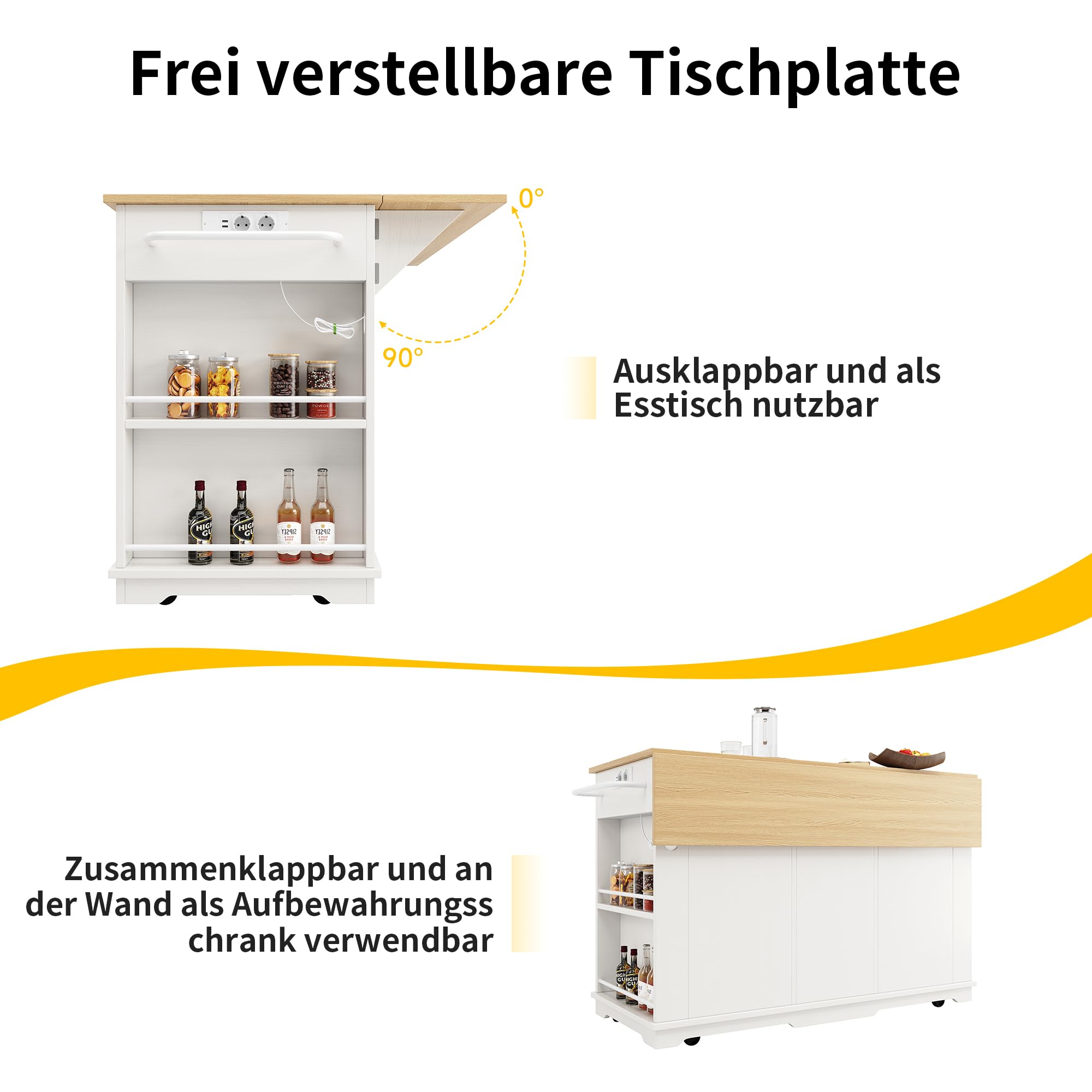 Merax Isla de cocina con encimera, carrito de cocina móvil equipado con regleta, armario buffet con 2 puertas, 2 cajones, estante para especias, toallero, 151,5 x 84,7 x 91,7 cm, color blanco
