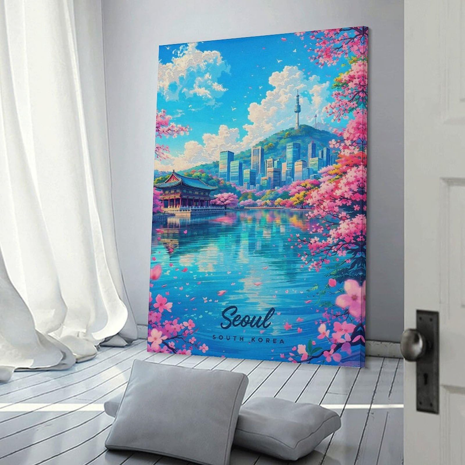 Junmoney Wall Picture Print Seoul Cityscape with Cherry Blossoms, 20x30inch(50x75cm), for Entryway, Lounge Links Or Small Walls, Home Artwork for First Impressions
