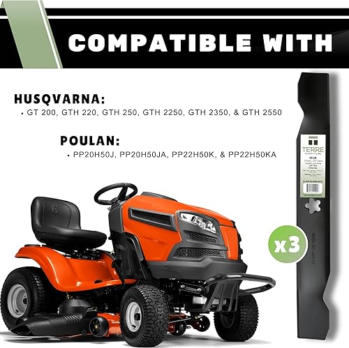 Miniatura 5 de Terre Products, paquete de 3 cuchillas para cortacésped de alta elevación, cubierta de 50 pulgadas, compatible con Poulan PP20H50J, PP22H50K,