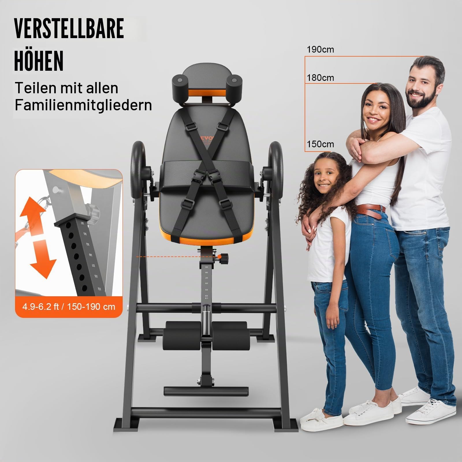 VEVOR Inversionstisch Inversionsbank, 136 kg belastbar, Multifunktionsgerät Rückentrainer, klappbares Krafttrainingsgerät mit Kopfstütze, Knöchelverriegelung, verstellbarem Schutzgurt, Orange/Schwar