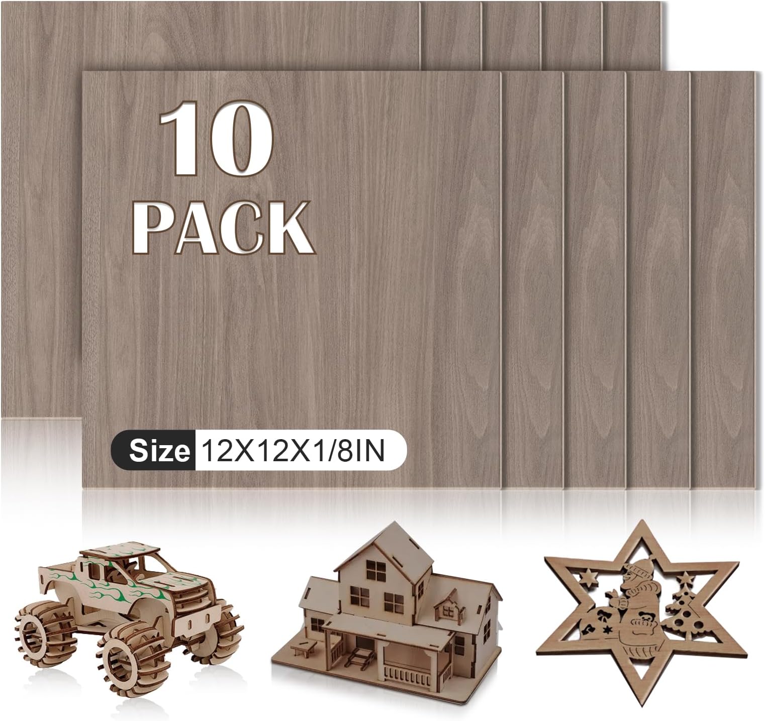 10 Pack Walnut Plywood Sheets 12x12x1/8 Inch, 3mm Plywood for Laser Cutting & Engraving, Unfinished Wood for Crafts, Wood Burning, Architectural Models.