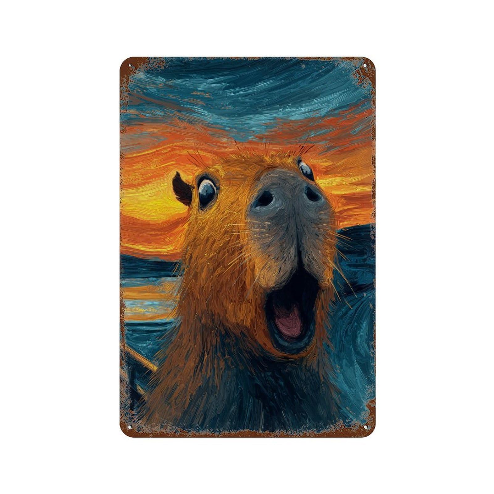 Vintage Rust Metal Sign Capybara Sunset Painting 11.8"x7.9", Industrial Home Decor for Farmhouse, Kitchen And Entryway Decor
