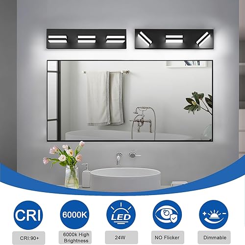 Miniatura 4 de IZORRO Luces LED modernas para baño (3 luces), iluminación de pared acrílica negra mate, luces de tocador para baño sobre espejo - 6000 K 16 pulgadas
