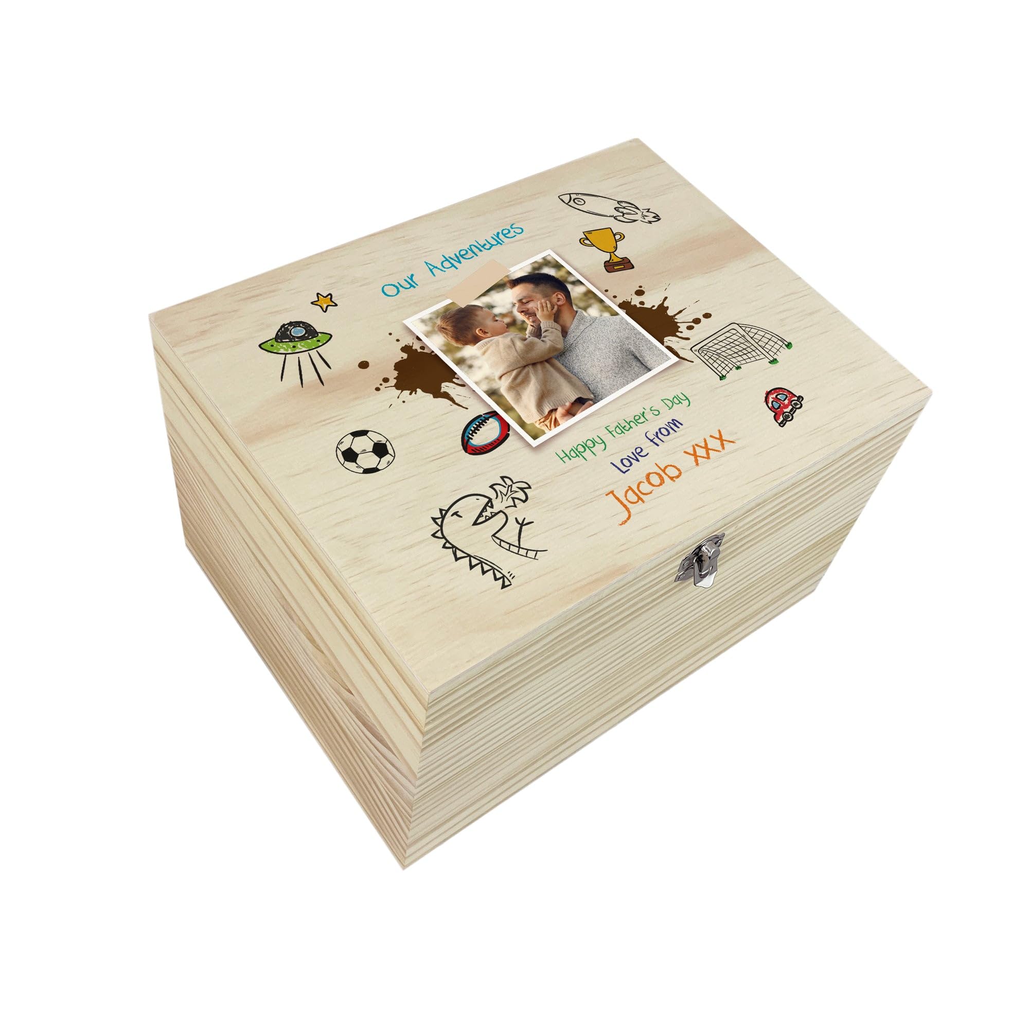 The Lovely Keepsake Company Brown Personalised Our Adventures Doodle Pine Photo Memory Box | Father's Day Present | Custom Wooden Keepsake Box | Upload Your Own Photo | Metal Hinges & Clasp | W36cm X D27cm X H20cm