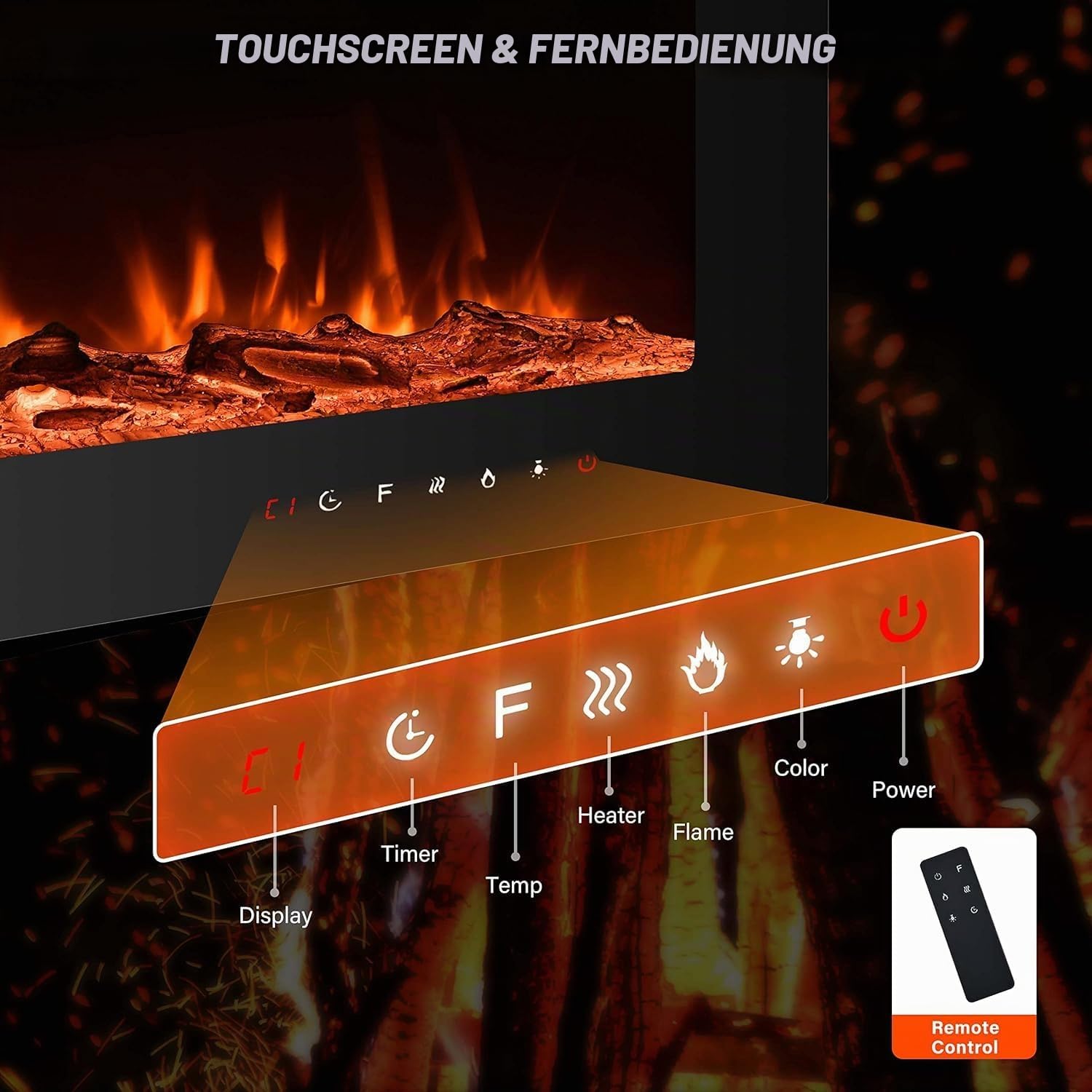 M.C.Haus Ultradünner Elektrischer Kamin, Geräuscharm, 12 Verschiedene Flammen, Versenkte Wandmontage, Glas-Touchscreen und Fernbedienung, mit Kristall und Holzscheit(178cm/70inch, Schwarz)