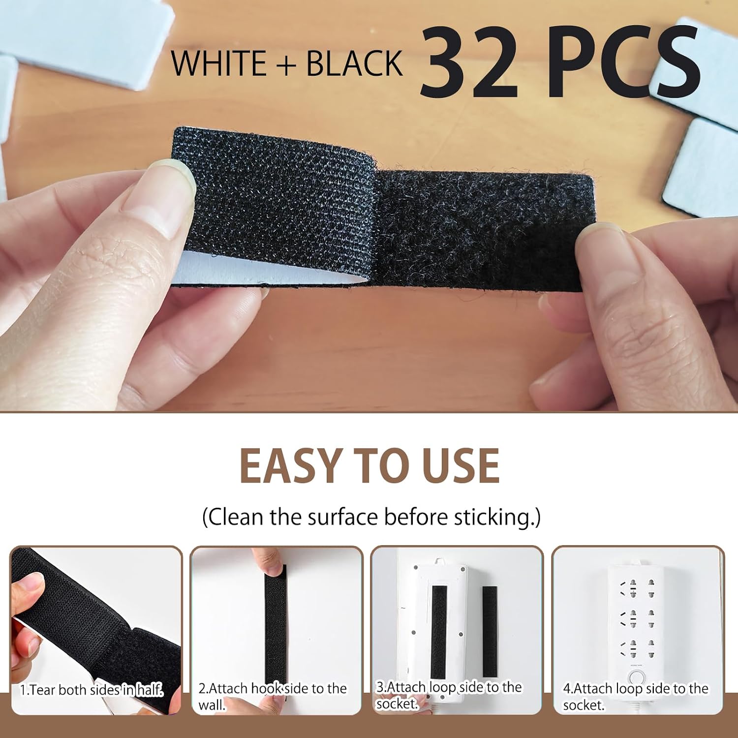 32 Sets 1x4 Inch Hook and Loop Strips with Adhesive,Heavy Duty Double Sided Sticky Wall Adhesive Strips for Picture Hanging,Home,Office and Outdoor Use,White and Black