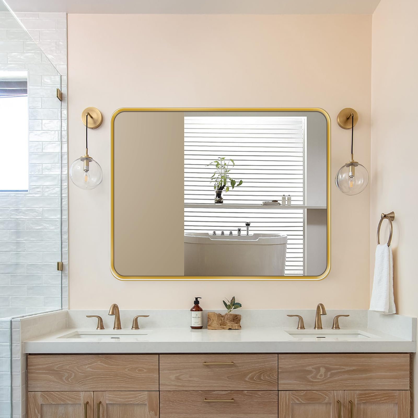Bathroom Mirror for Wall, 30X36 Inch Rounded Rectangle Mirror, Gold Bathroom Vanity Mirror, Wall Mirror for Living Room Bedroom Entryway, Wall Decor, Hangs Horizontally Or Vertically