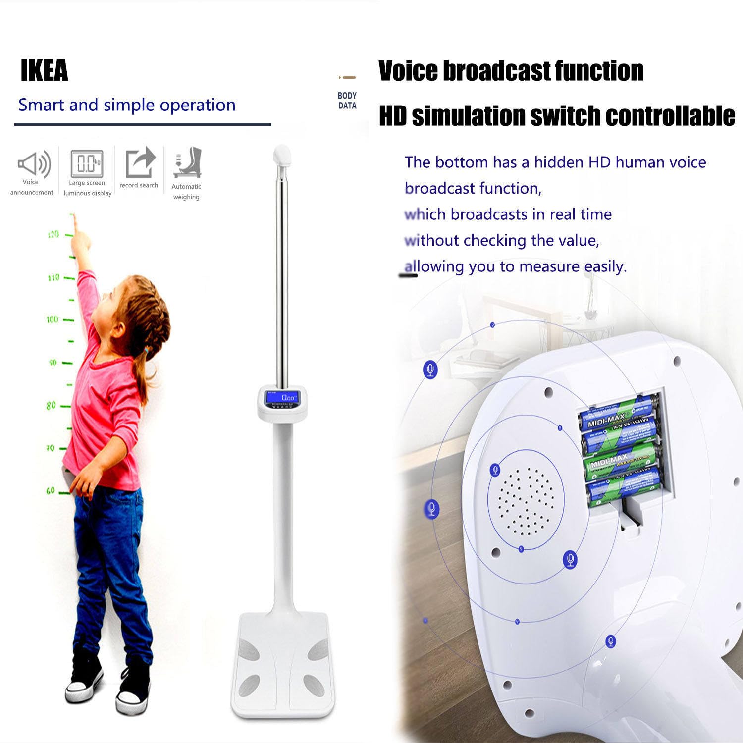 Pèse Personne Impédancemètre,Balance Santé Numérique Capacité électronique Balance Médicale Taille Et De Poids, avec Toise: 5-200 Kg/80-195 Cm