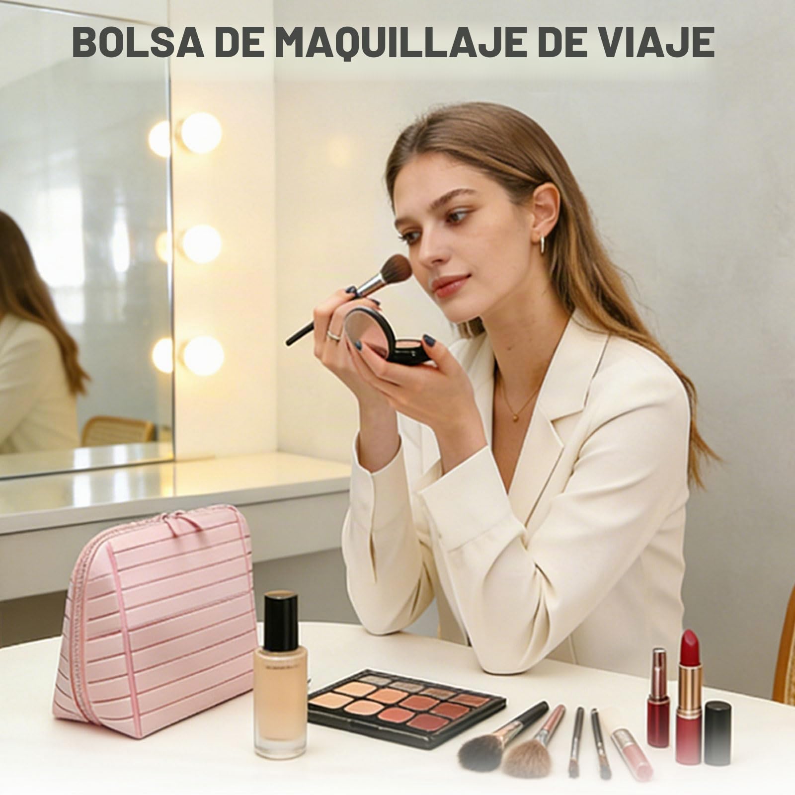Bolsa de maquillaje de viaje paralelo para mujer, bolsa de aseo plegable paralelo, bolsas de almacenamiento impermeables con compartimentos para el cuidado de la piel, artículos de tocador, Marrón