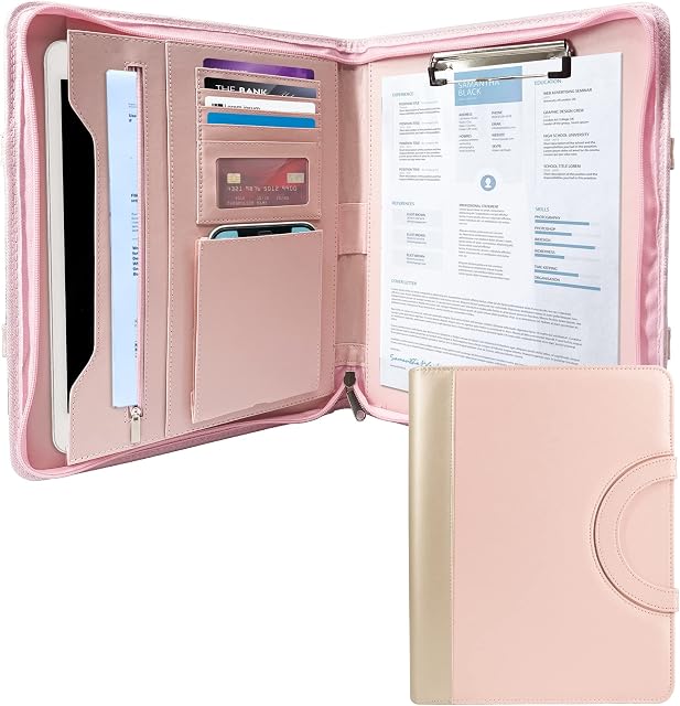 GraduatePro Portfolio Binder Leather Zippered Padfolio Folder Business Case Organizer Bag for Pad Notebook Resume with Clipboard for Women, Pink