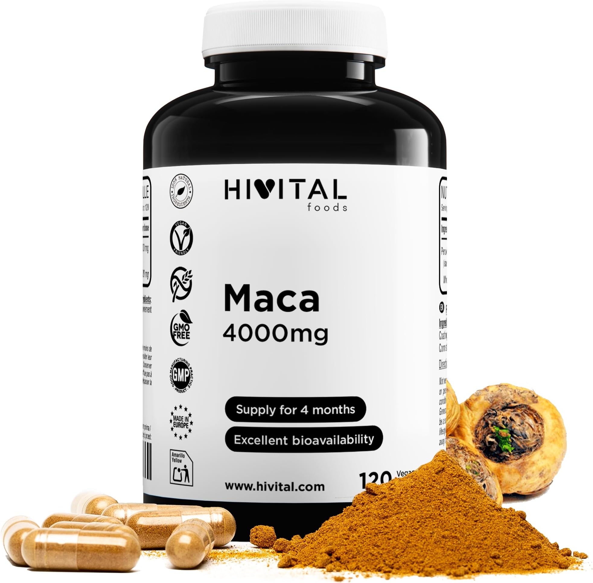 Peruvian Maca Root Extract 4000mg | 120 Vegan Capsules | Improves Energy, Vitality, Stamina, Athletic Performance, Memory, Concentration, Immune System and Hormone imbalance | by Hivital