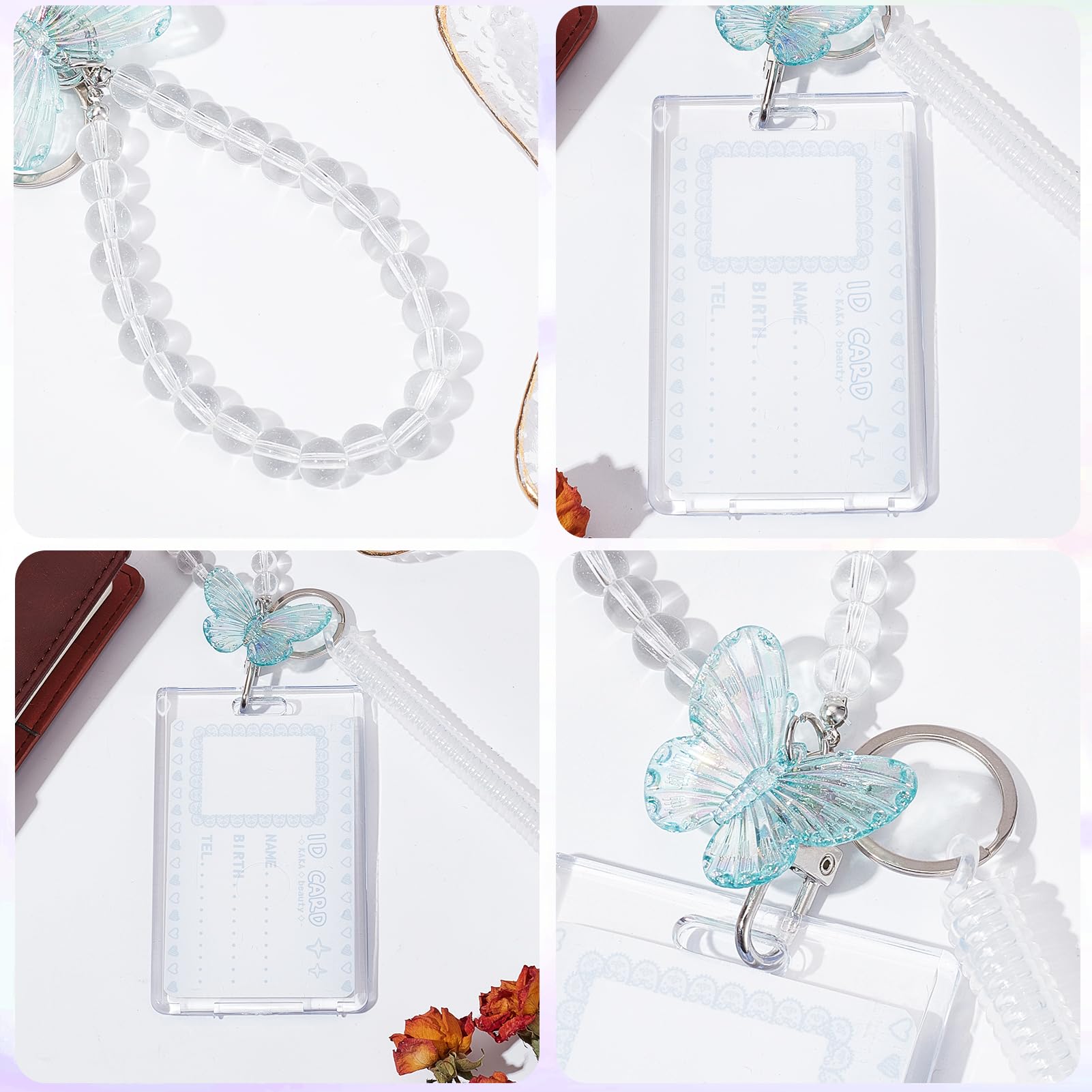 NICENEEDED 2 Pcs Acrylic Kpop Photocard Holder, Transparency Card Protector with Butterfly Flower Pendant Keychain - Image 3