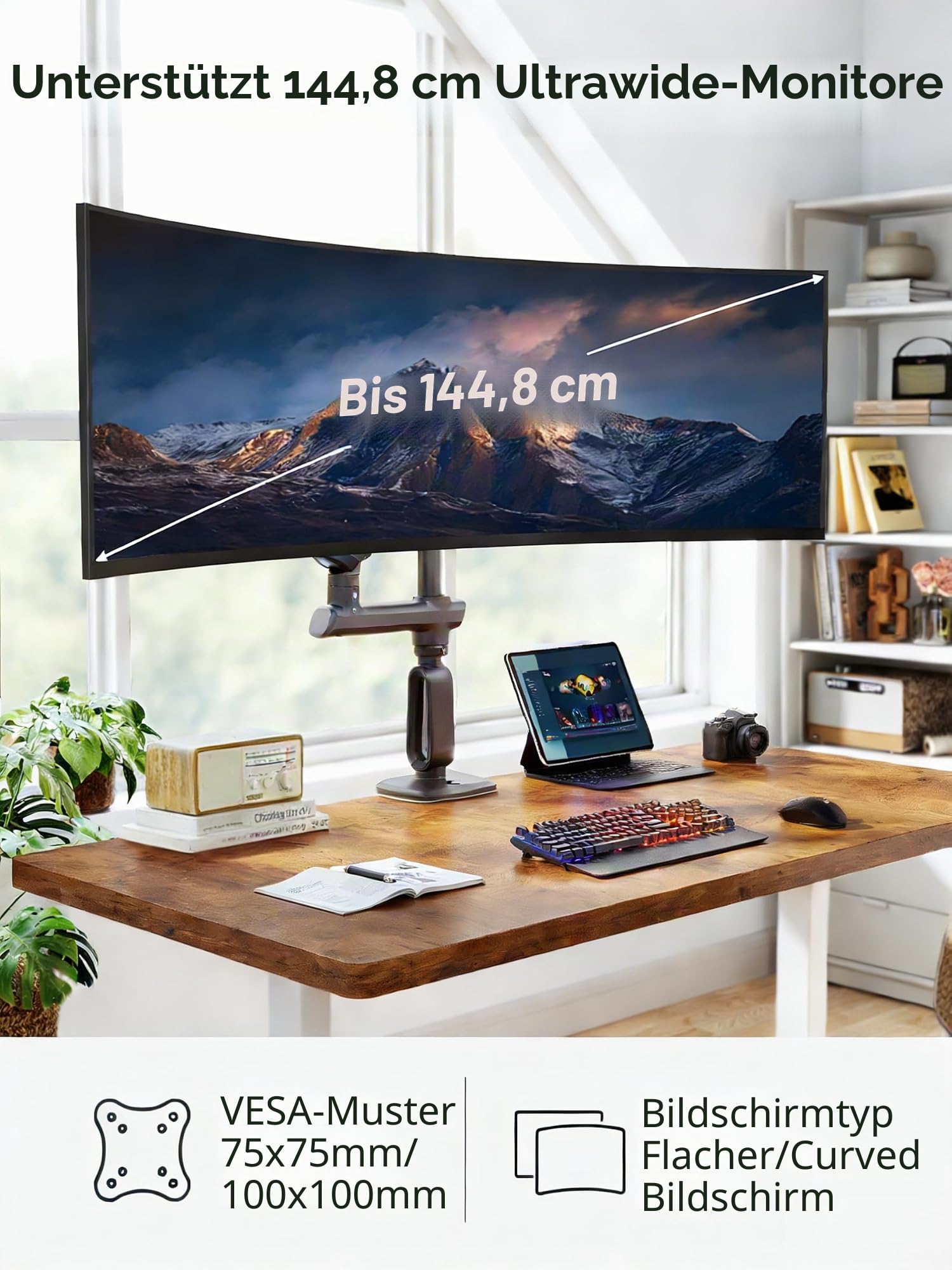 HUANUO Monitorhalterung für 49 Zoll Ultrawide-Bildschirme, Tragkraft 18 kg, verstellbare Bildschirmhalterung für Gaming mit Einer maximalen Höhe von 739 mm, VESA 75 x 75 100 x 100 mm