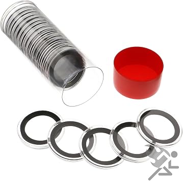 Red Coin Storage Container & 20 Black Ring 32mm Air-Tite Coin Holder Capsules for 1oz American Gold Eagles and 1oz Gold Krugerrands & Kangaroos by OnFireGuy