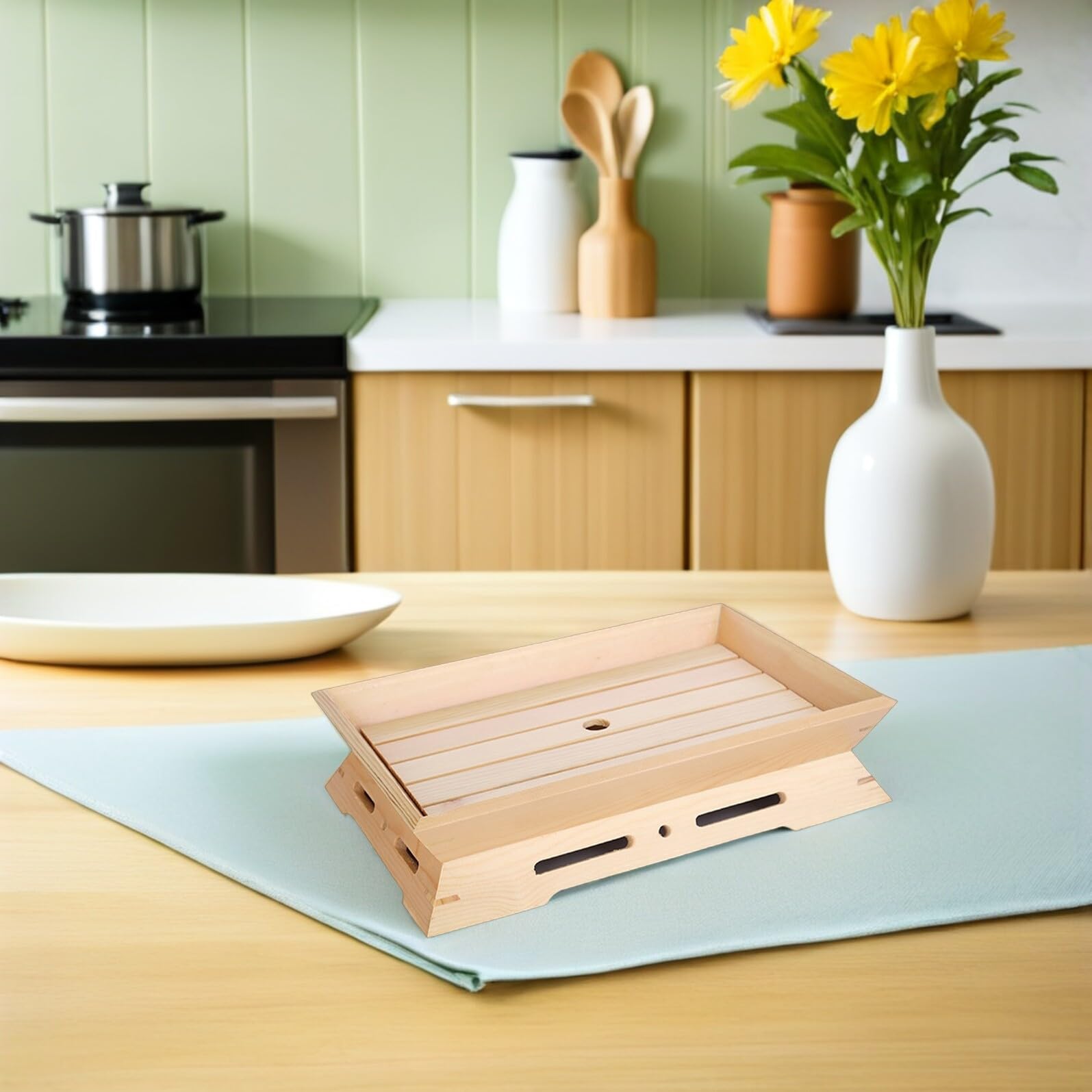 Plato Japonés de Sashimi de Madera Beige, 2 Piezas, Rectangular | Acabado Artesanal Tradicional, Superficie Lisa y Ligera, Fácil de Limpiar, para Aperitivos y Buffet