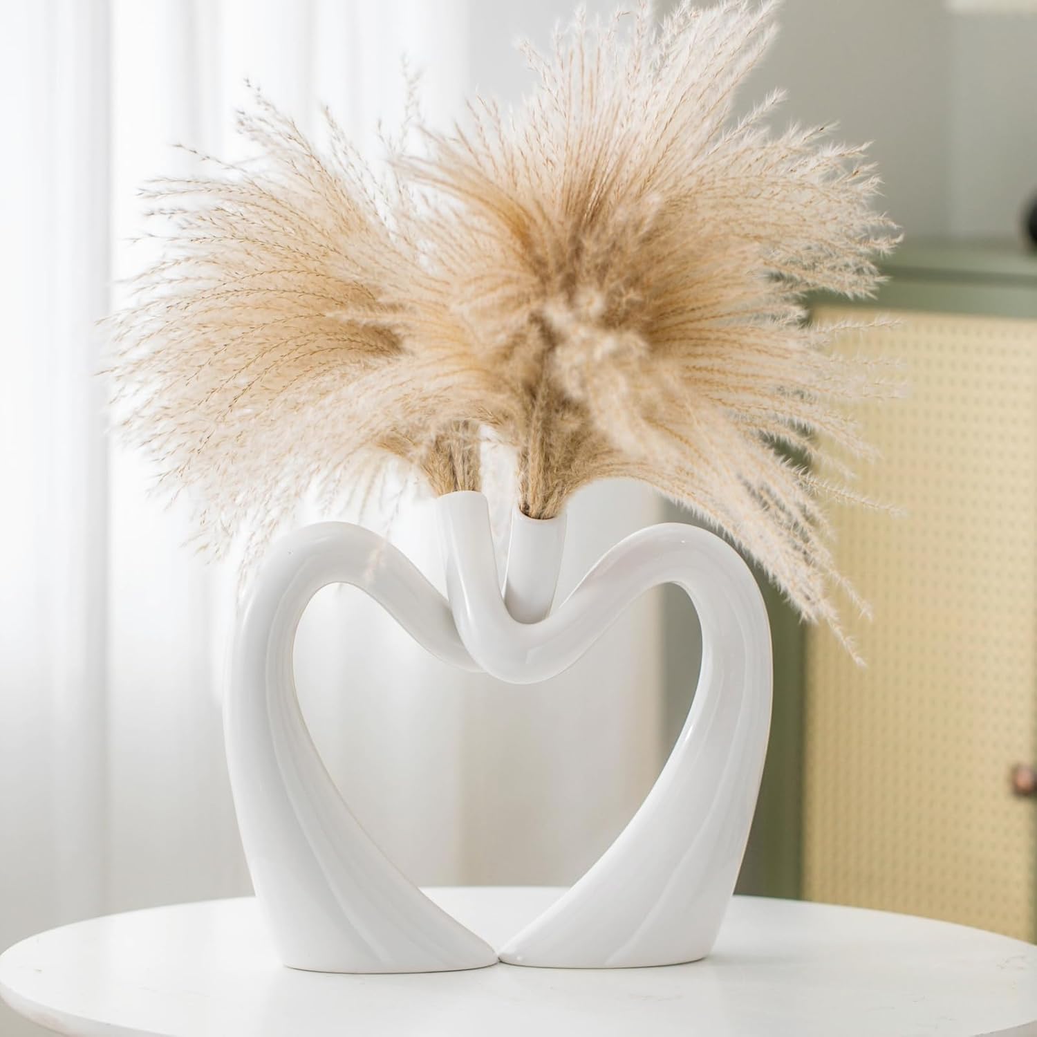 White Hollow Ceramic Vases for Home Decor, Love Heart Snuggle Vase Set of 2, Modern Nordic Aesthetic Decorative Vase for Table Centerpiece Wedding Decoration (W 11.8" X H 9.8")
