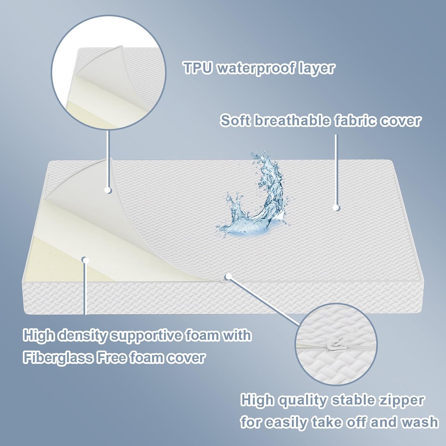 3 inch 38"x26" Toddler Mattresses, Waterproof and Removable Cover, Machine Washable, High Density Firm Support Foam