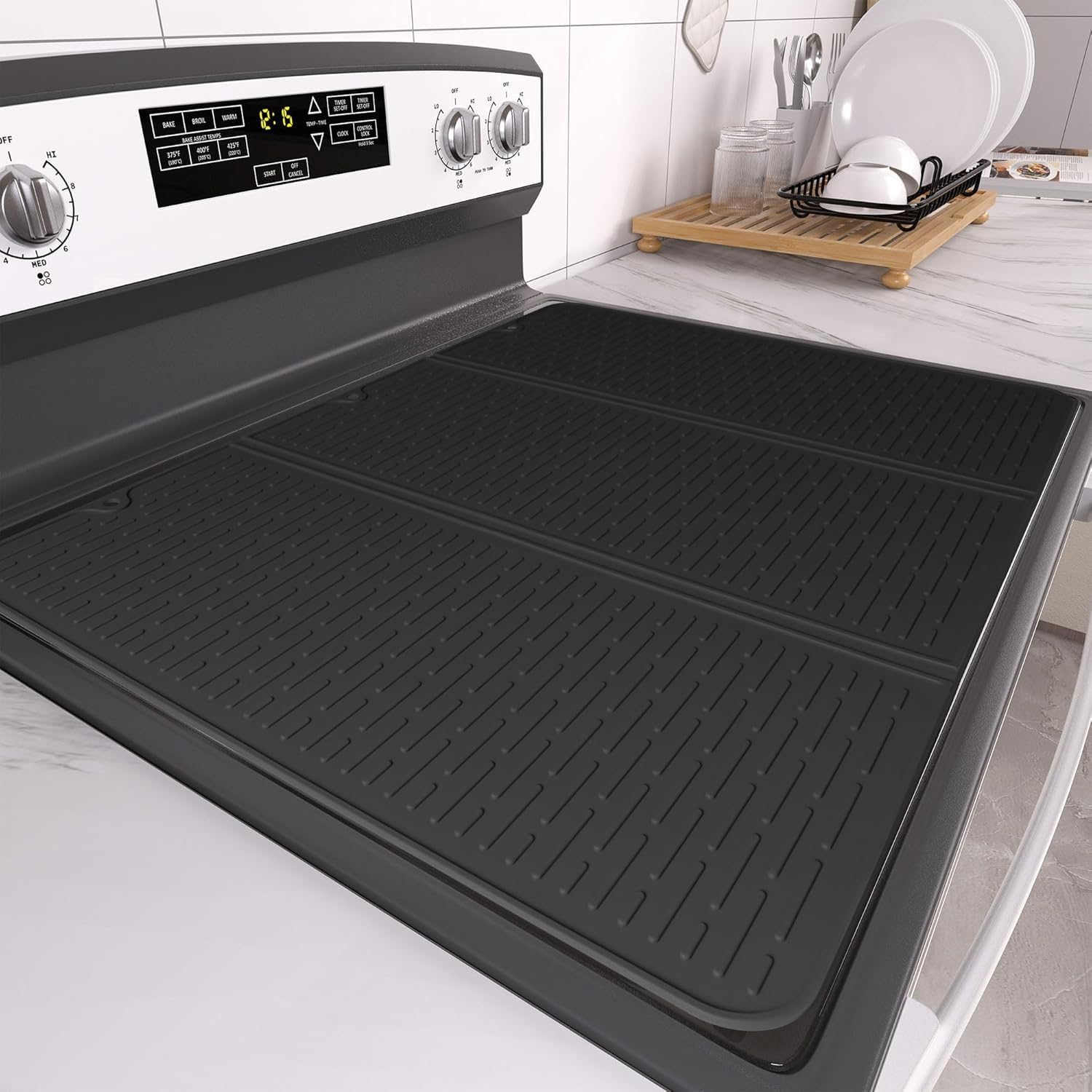 Trifold Silicone Stove Top Cover Mat 28"x20", Foldable Stove Protector for Gas/Electric Stovetop, Heat Resistant Counter Mat, Dish Drying Mat for Kitchen RV Apartment (LZD-BK)
