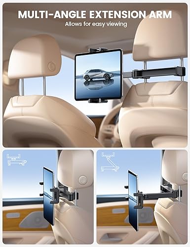 Miniatura 3 de Lamicall Soporte para tablet reposacabezas de automóvil, con bloqueo, compatible con funda gruesa, clip plegable, soporte para tableta para asiento