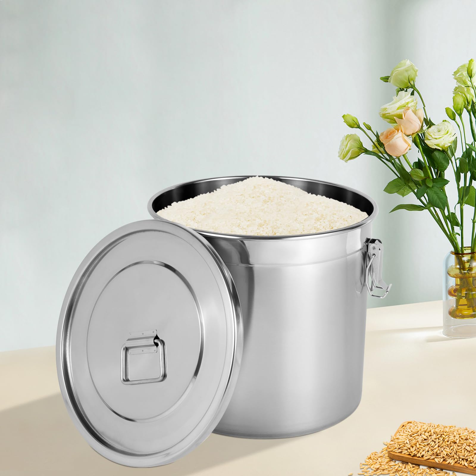 Contenitore per cereali da cucina, per farina, cereali, latte, con coperchio, in acciaio inox, ermetico, contenitore per cereali da cucina, contenitore per farina e manici (21 L)