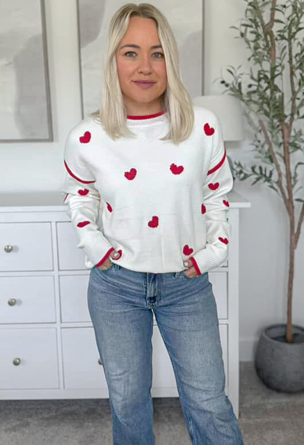 Angashion Women's Heart Sweater Crew Neck Casual Long Sleeve Loose fit Love Print Ribbed Knit Sweaters Pullover Top - Image 4