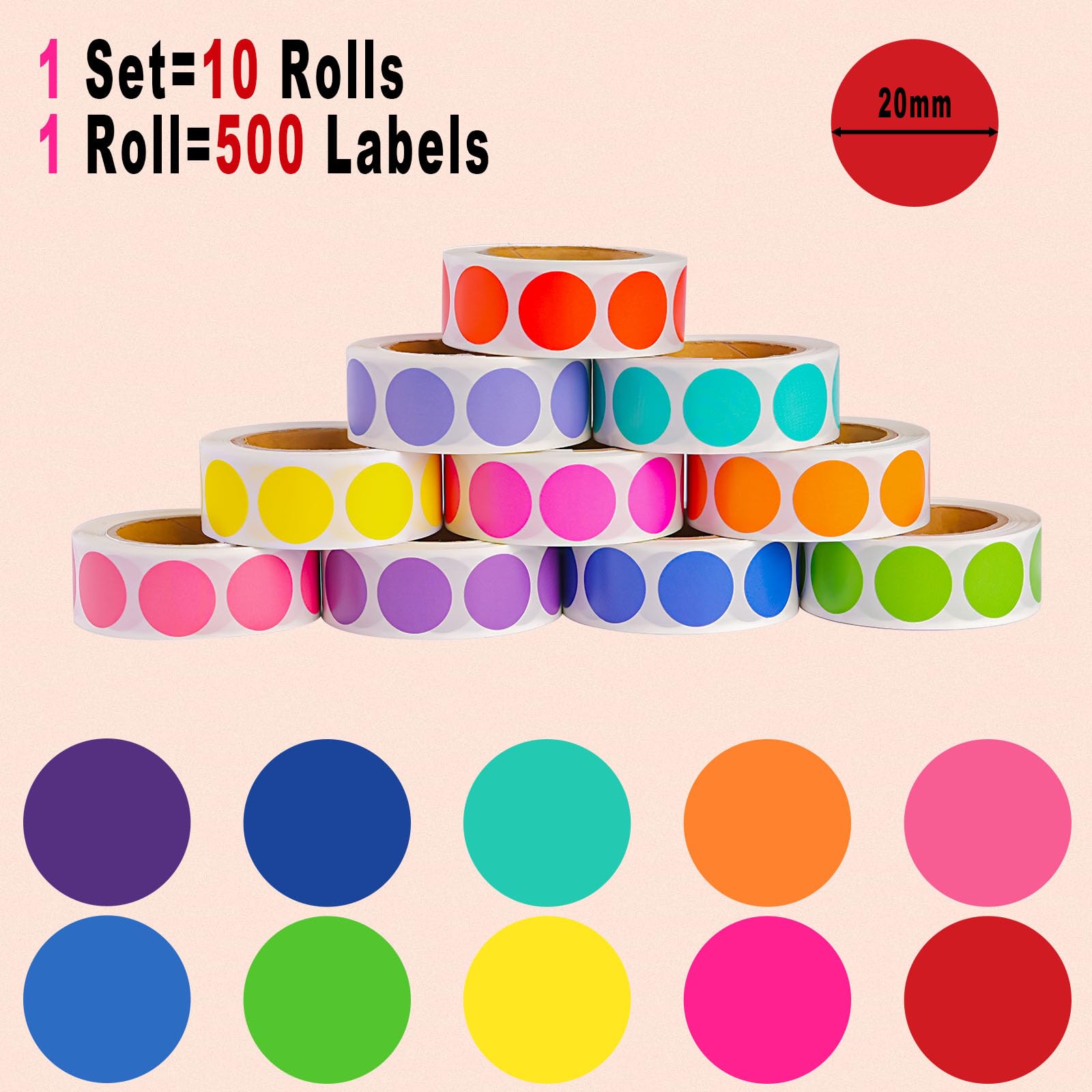 Lot De 5000 Pastilles Adhésives Multicolores De 20 Mm - 10 Couleurs - Points De Marquage Ronds Colorés - Pour Calendrier, Bricolage, Bureau