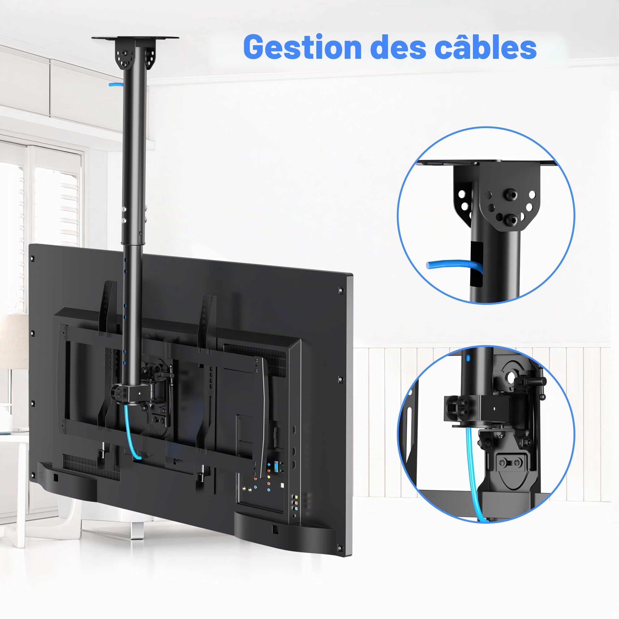 XINLEI Support TV Plafond adapte à la Plupart des écrans Plasma LED LCD de 37-75 Pouces avec VESA Maximum 600x400mm chargé jusqu'à 50 kg Support TV pivotant et inclinable réglable en Hauteur MC61A