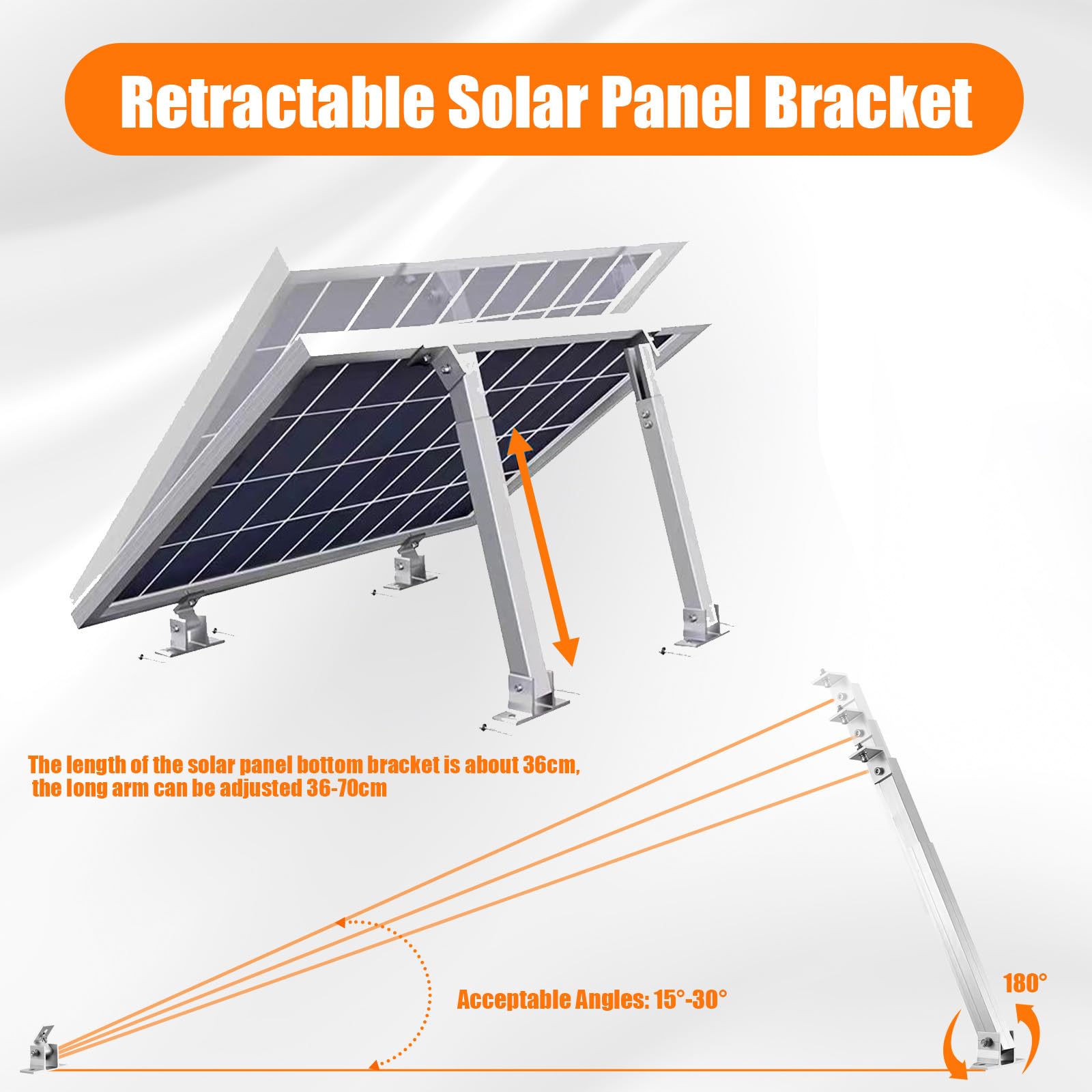 Soporte Techo Panel Solar, Estantes Aluminio Angulo Ajustable 15-30°, Kit Montaje Bracket Tilting 36-70 cm para Barcos, Autocaravanas, Sistema Off-grid, Balconies, Caravans, Caravana