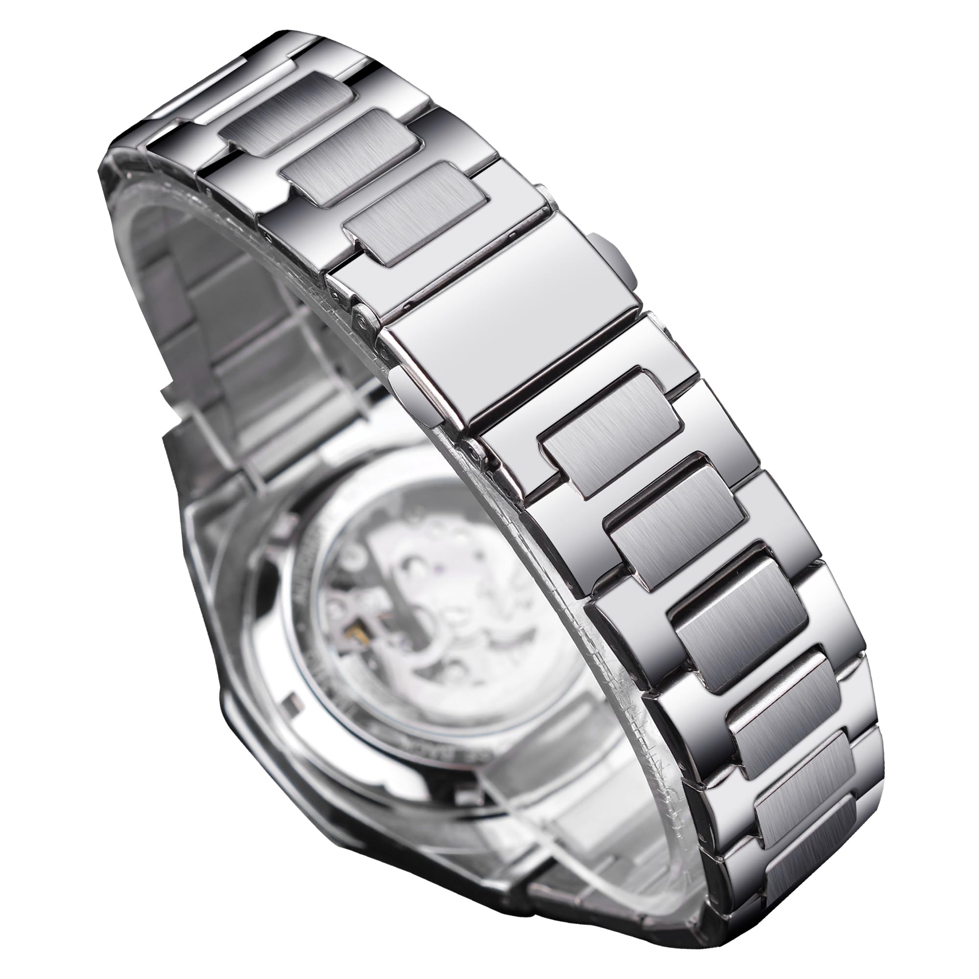 FORSINING Automatikuhr, mechanische Armbanduhr für Herren, achteckig, wasserdicht, modisch, einzigartige Skelettuhren, luxuriöses silbernes Edelstahlband