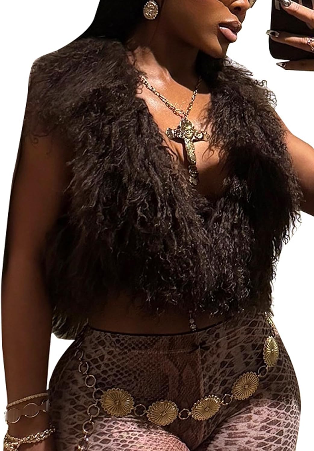 Women's Sexy Faux Fur Halter Top Backless Sleeveless Tie Back Fur Vest Fuzzy Tank Top Y2k Streetwear