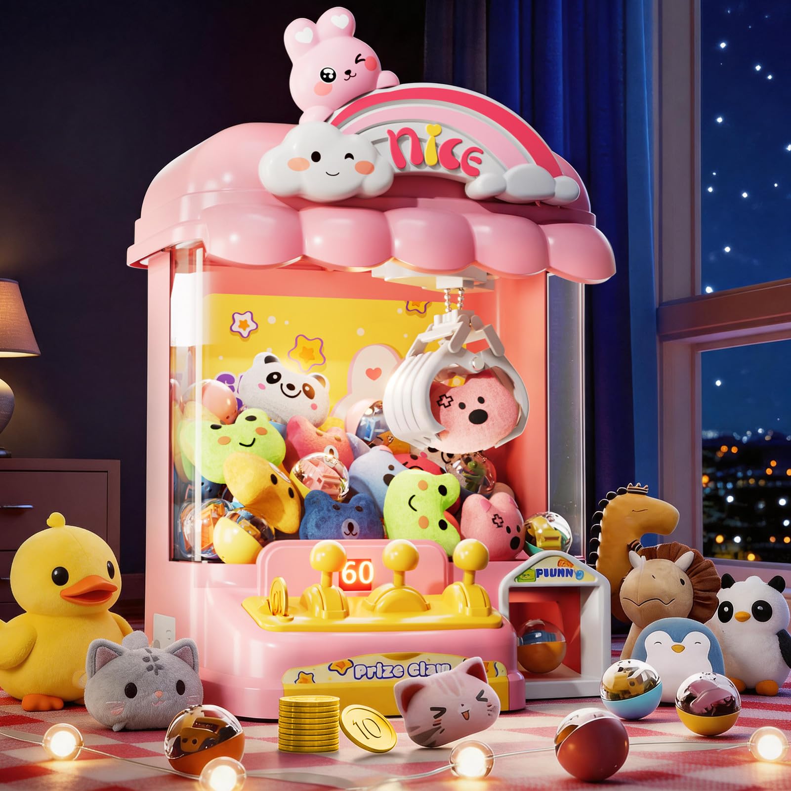 Giocattolo mini macchina premi con coniglietto JeeMoien per bambini, distributore con regolazione volume e musica, adatto 3-8 anni, regalo compleanno e feste per bambine 3,4,5,6,7,8 anni