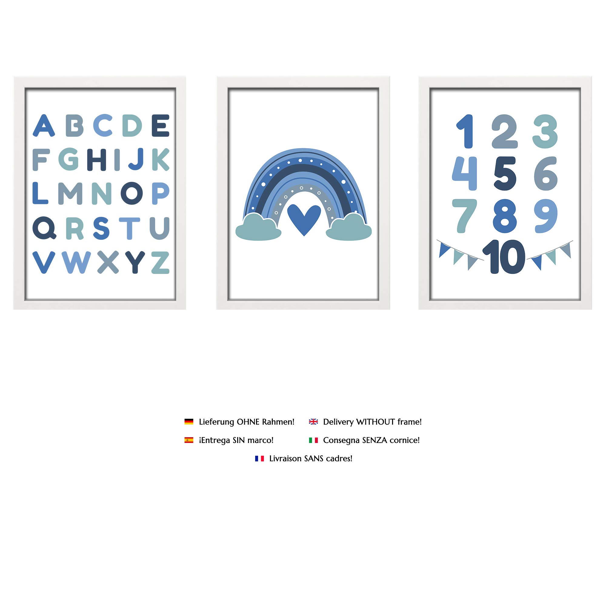 PREMYO 3 Plakat Dekoracja ściany - Dekoracja pokoju dziecięcego chłopca - Alfabet ABC Tęcza Niebieski Gruby Papier A4