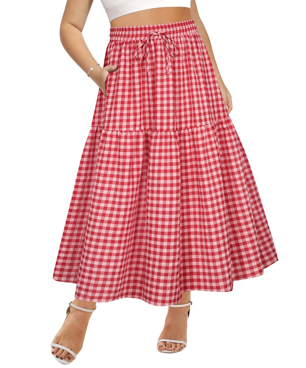 CARCOS Plus Size Skirts for Curvy Women Elastic High Waist Boho Maxi Skirt Pleated A-Line Tiered Long Skirts