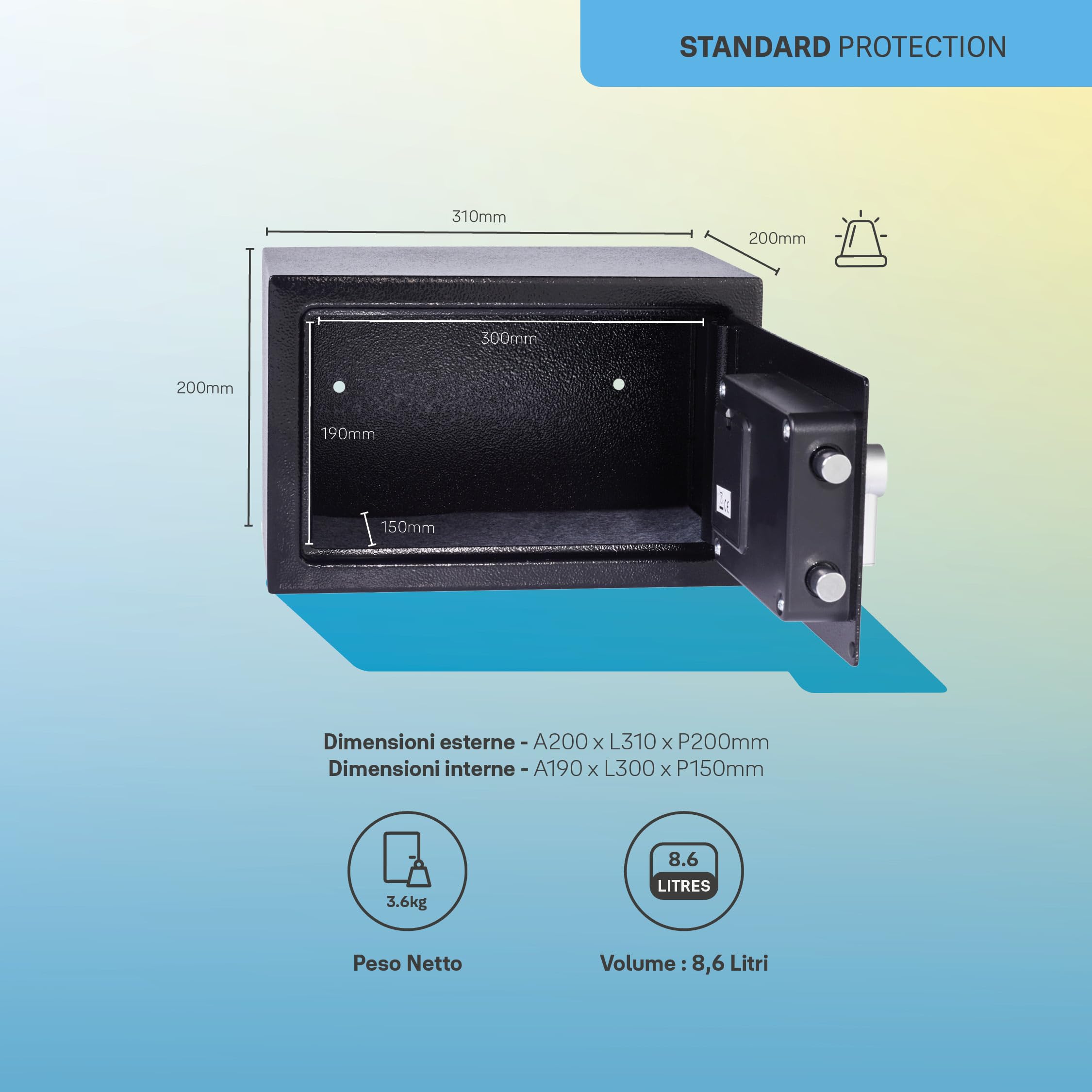 YALE Cassaforte Elettronica con Allarme Piccola YEC/200/DB2 Nero, Allarme Integrato 130 dB, Struttura e Bulloni di Bloccaggio in Acciaio, Versione Corrente