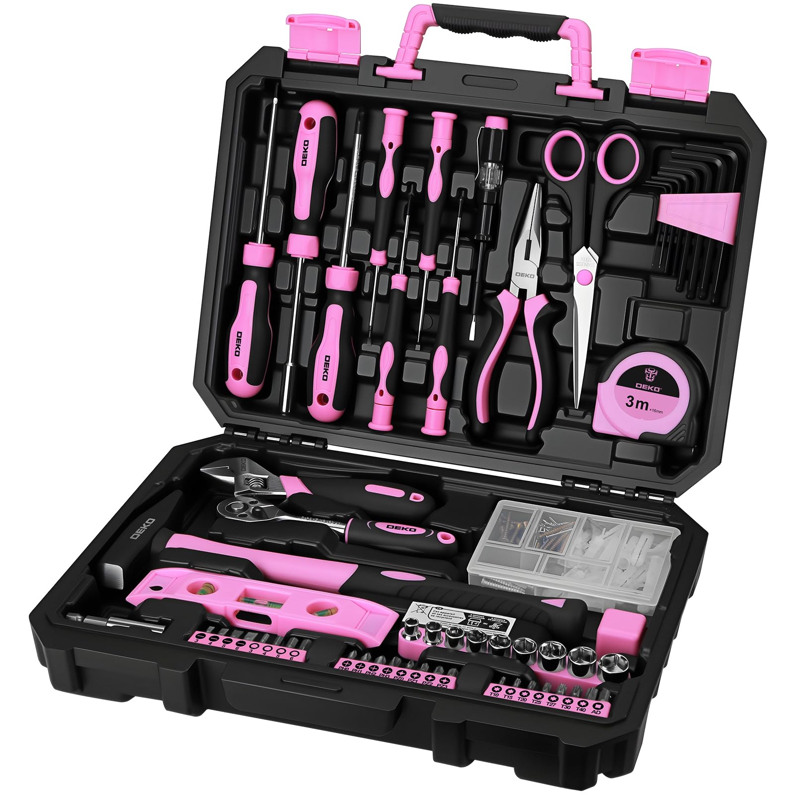 DEKO 138 Piece Pink Tool Kit Complete Home Tool Set with Claw Hammer, Adjustable Wrench, Combination Pliers, Screwdriver Set, Tape Measure - Basic Household Repair Toolbox for DIY Projects