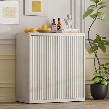 Airynee 31 Sideboard Cabinet with Storage, Fluted Accent Cabinet with Adjustable Shelves, Modern Wood Credenza Cabinets with Pop-up Doors for Entryway Kitchen Living Room Hallway, White Oak