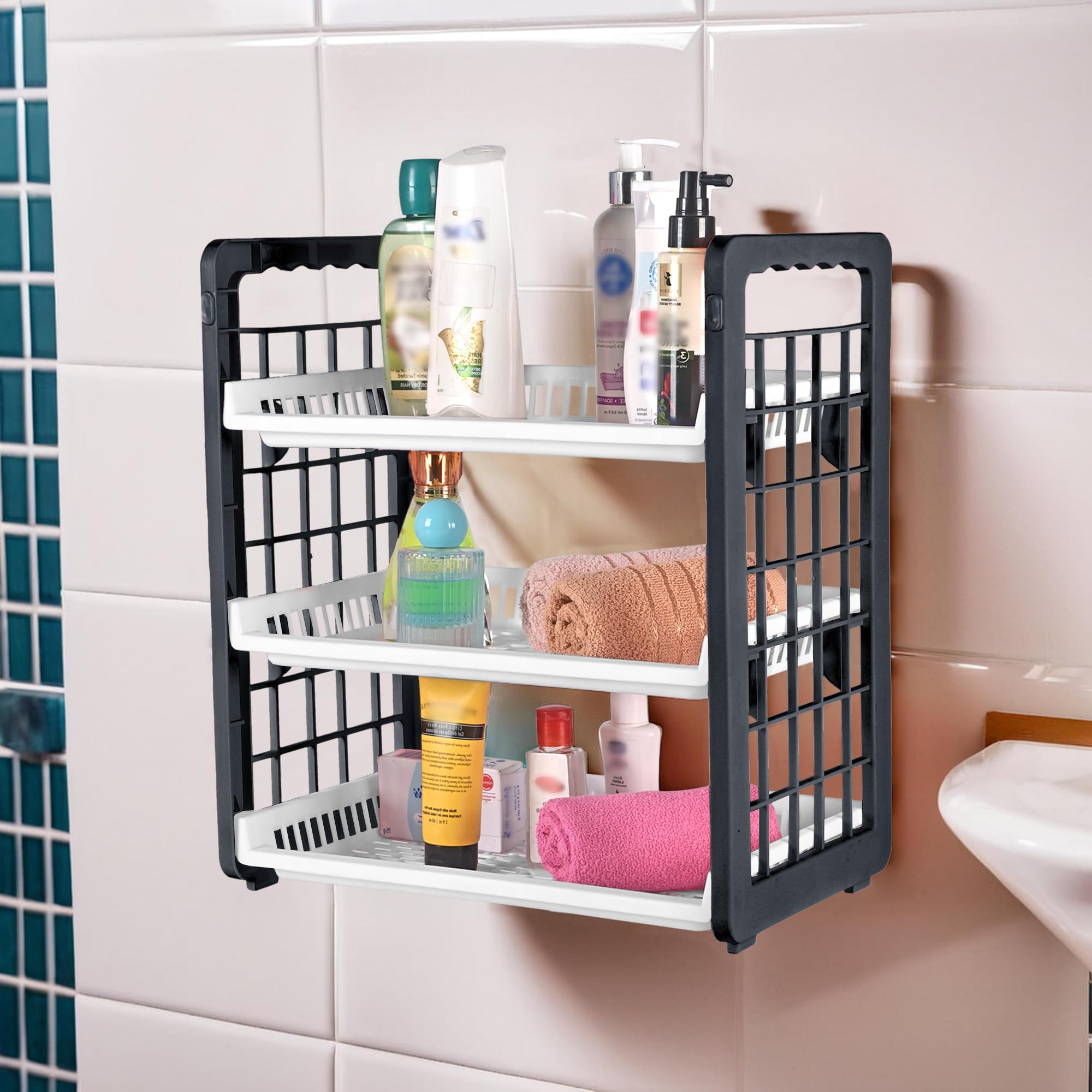 Kuber Industries Plastic 3-Tier Wall Mount Cum Countertop Multipurpose Storage Rack | Storage Basket for Kitchen, Bathroom or Vanity | Spice Rack & Cosmetic Organizer | White & Grey-picture-22