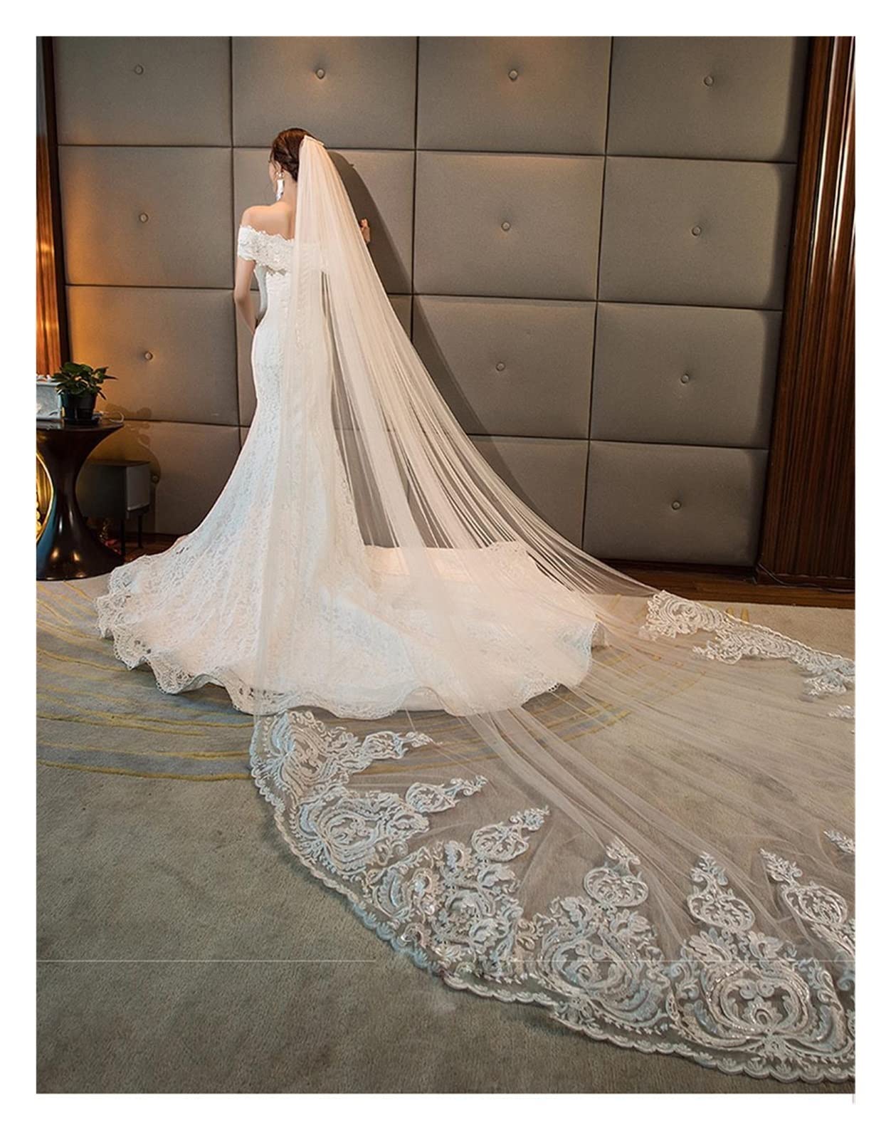 Brautschleier, Hochzeitskleid-Accessoires, lange Braut-Kathedrale-Spitzenapplikation mit Kamm(400cm)